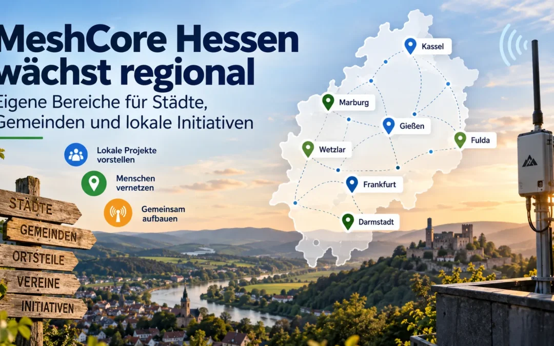 Illustration zur regionalen Vernetzung von MeshCore Hessen mit einer Hessenkarte, markierten Städten, Funkverbindungen und einer MeshCore-Funkstation.