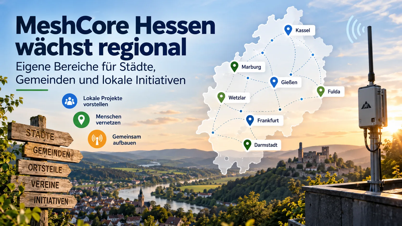 Illustration zur regionalen Vernetzung von MeshCore Hessen mit einer Hessenkarte, markierten Städten, Funkverbindungen und einer MeshCore-Funkstation.