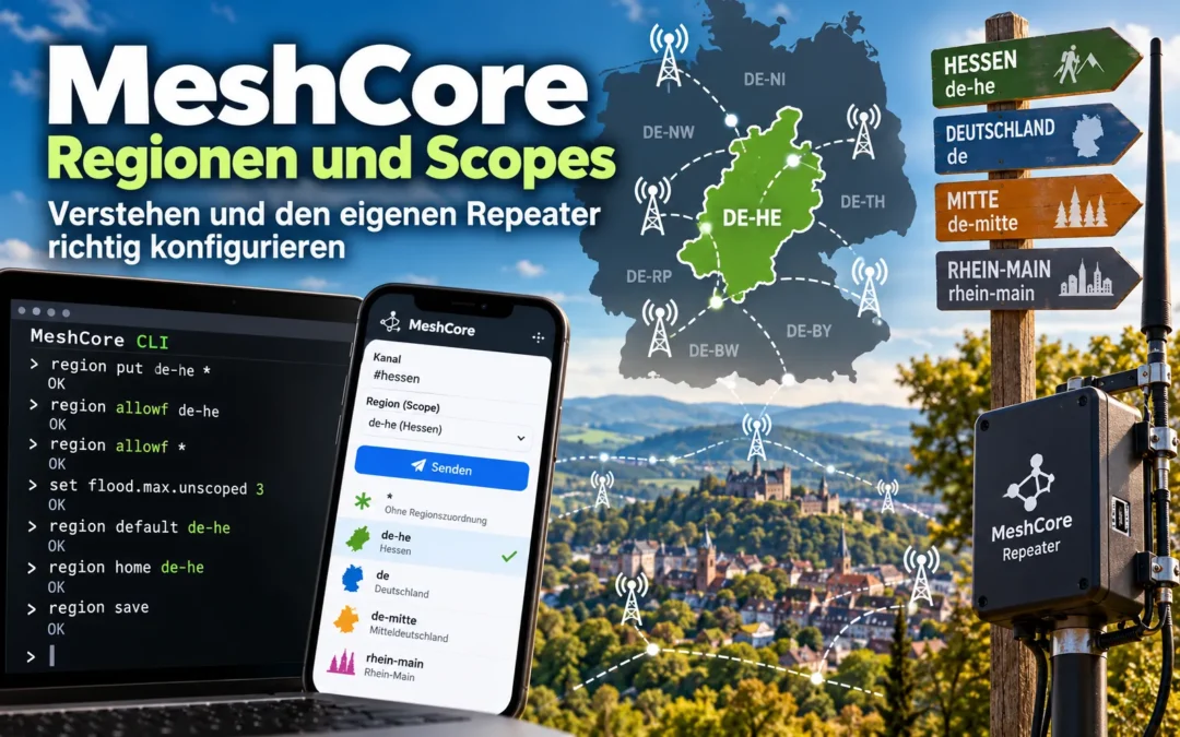 Beitragsbild zu MeshCore Regionen und Scopes mit Hessenkarte, vernetzten LoRa-Repeatern, Regionskennzeichnungen und Beispielen zur CLI-Konfiguration.