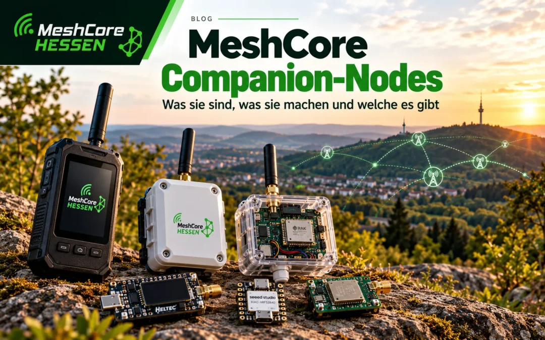 Illustration von MeshCore Companion-Nodes, Smartphone, LoRa-Entwicklungsplatinen und selbst gebauten Gehäusen.