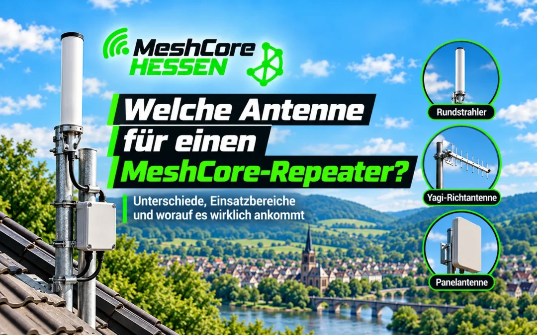 Das Titelbild zeigt verschiedene Antennentypen an realistischen Repeaterstandorten in einer mittelhessischen Hügellandschaft. Es ist als breites Beitragsbild im Format 16:9 angelegt, passend für WordPress.