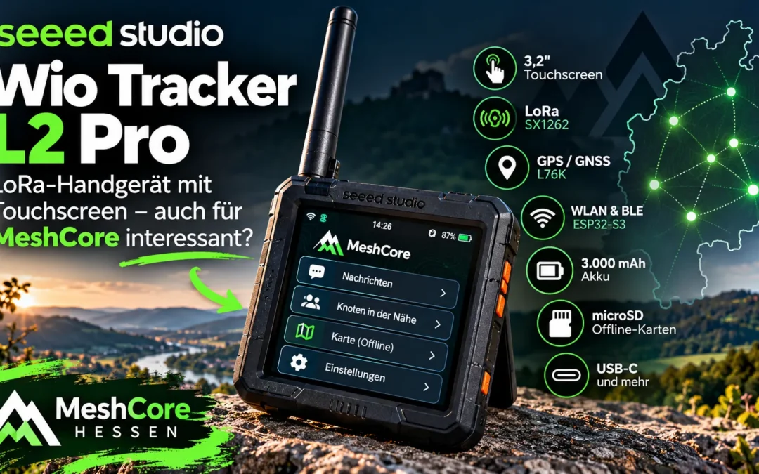 Illustration des Seeed Wio Tracker L2 Pro mit Antenne und Touchscreen vor einer hessischen Landschaft. Daneben sind technische Funktionen und eine stilisierte Hessenkarte dargestellt. Die gezeigte MeshCore-Oberfläche ist eine Konzeptdarstellung.