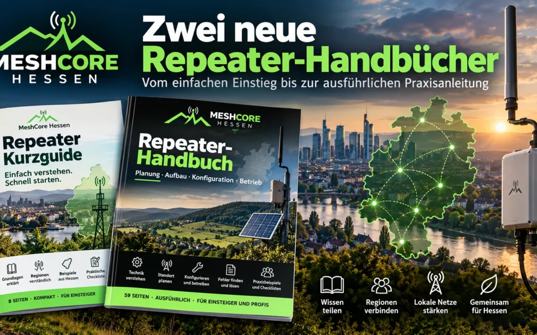 Zwei neue MeshCore-Hessen-Repeater-Handbücher: kompakter Kurzguide für Einsteiger und ausführliches Praxishandbuch zu Planung, Regionen, Aufbau und Konfiguration von Repeatern.
