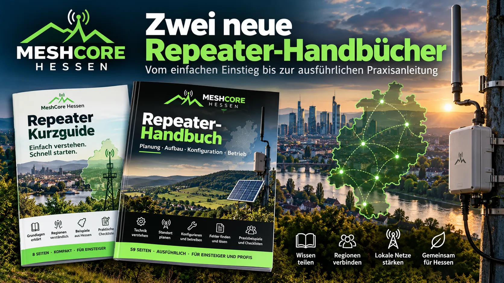 Zwei neue MeshCore-Hessen-Repeater-Handbücher: kompakter Kurzguide für Einsteiger und ausführliches Praxishandbuch zu Planung, Regionen, Aufbau und Konfiguration von Repeatern.